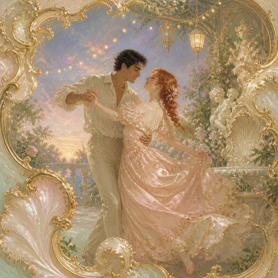 an original couple dancing under string lights in a garden at dusk: a man with short black hair in a linen shirt and a woman with braided red hair in a summer dress