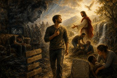a painting of a man standing next to a group of people