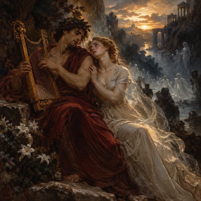 Orpheus playing the harp with Erudice by his side
