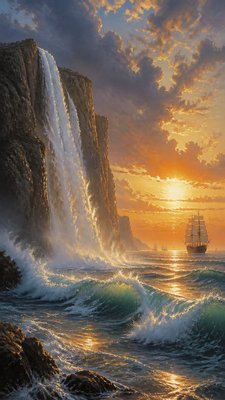 towering waterfall cascading down a cliff