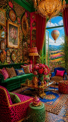a hot air balloon drifting over rolling flower fields on a sunny day, cheerful, no text