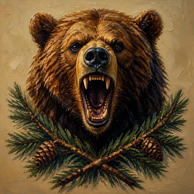 a roaring bear head above crossed pine branches, bold graphic composition on a plain background, no text