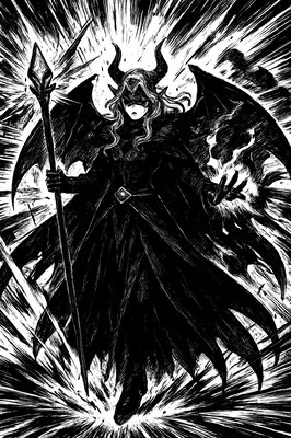 a drawing of a female demon with a staff