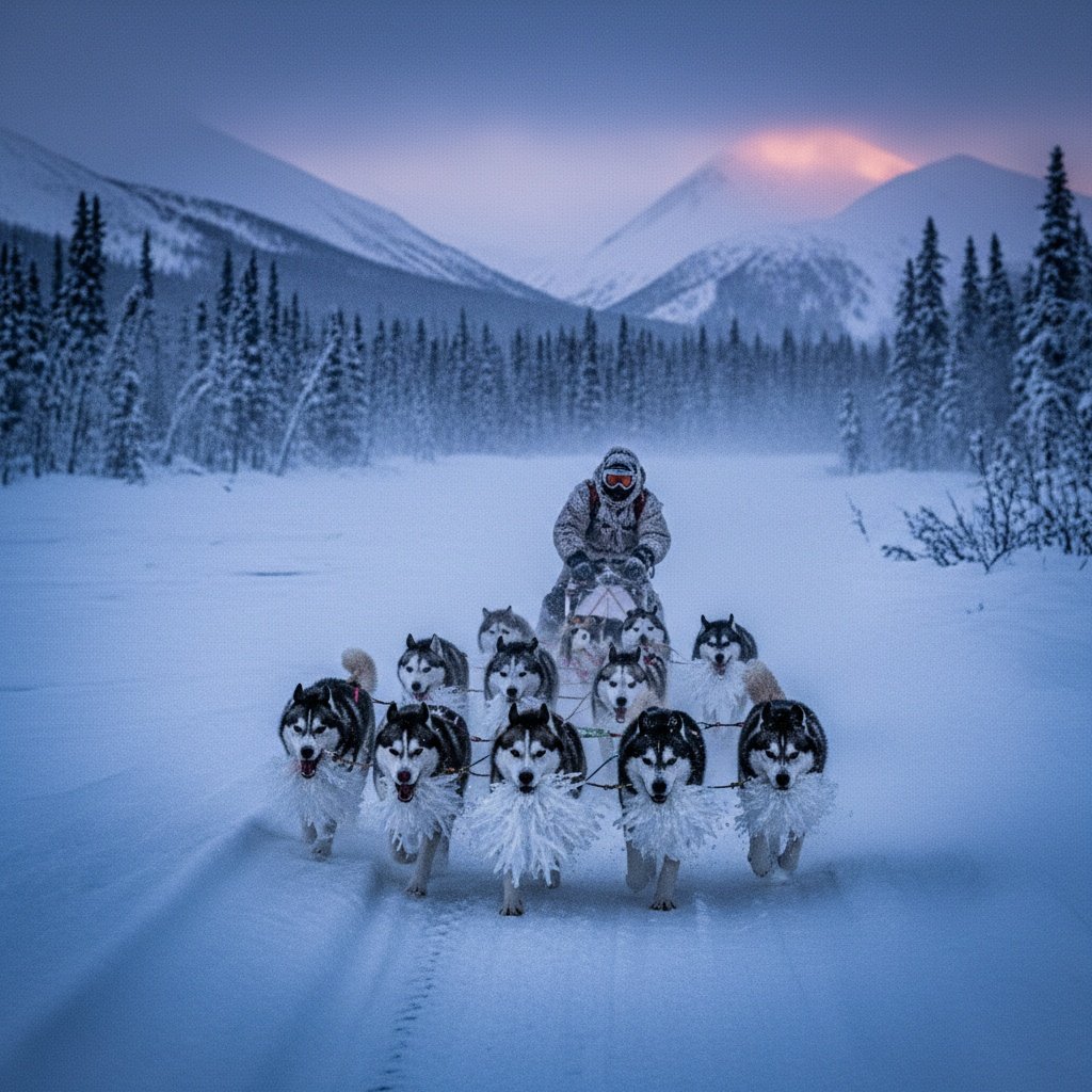Epic Adventure Photography Style, Cinematic Color Grading, Sub-Zero Atmosphere. A harrowing, dynamic wide-angle landscape photograph capturing the intensity of a long-distance dog sled race (like the Yukon Quest or Iditarod) in the dead of winter.
The Action & Subjects: A lead team of sixteen powerful Siberian Huskies and Alaskan Malamutes is charging directly toward the camera along a narrow, wind-blown trail. Their fur is heavily caked in ice and rime frost, and massive, crystalline plumes of frozen breath explode from their panting mouths. The musher, bundled in heavy, frost-covered furs and technical gear with goggles obscuring their face, leans aggressively into a turn on the sled, fighting to maintain control.
The "Cinematic Cold" Environment: The setting is a vast, unforgiving frozen riverbed surrounded by towering, snow-laden spruce trees and distant, jagged, glaciated mountain peaks. The air is thick with blowing snow and ice fog.
The Lighting & Mood: The scene is lit by the deep, biting blues and purples of polar twilight. A weak, cold orange glow from a distant, low sun just barely kisses the tops of the mountains, offering no warmth. The overall color palette is desaturated and cool. The image should feel incredibly vast, isolating, and brutally freezing. Film grain texture.