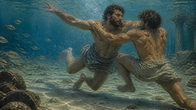 ancient greek swimmers fighting under water with fish nearby