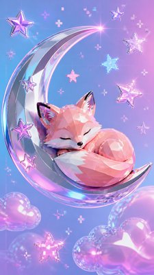 a sleeping baby fox curled on a crescent moon among soft stars, gentle and warm, no text