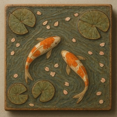 A koi pond seen from above, orange and white koi fish swimming among lily pads, clear water with subtle ripples, fallen cherry blossom petals floating on the surface, dappled sunlight