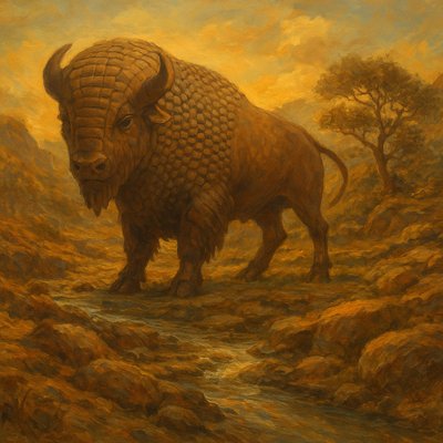 a painting of an animal standing in a field