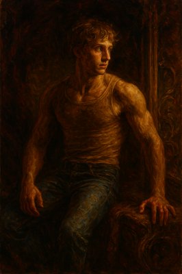 a painting of a man sitting in a chair