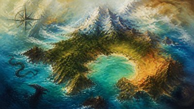 a map of an island realm with mountains, forests, a sheltered bay, sea monsters in the water and a compass rose, no text labels