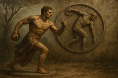 a painting of a man in front of a statue