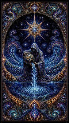 a robed figure pouring water beneath a large eight-pointed star in a night sky, symmetrical composition with an ornate decorative border, no text