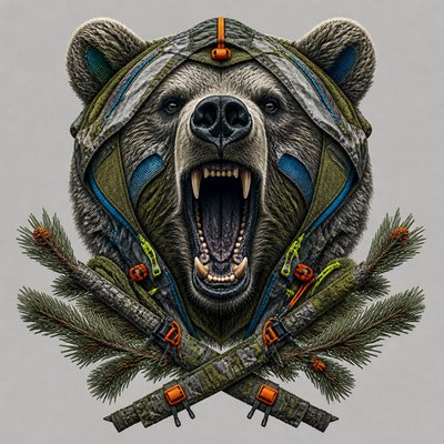 a roaring bear head above crossed pine branches, bold graphic composition on a plain background, no text