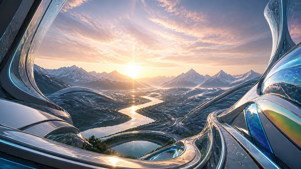 a vast valley with a river winding toward distant mountains at sunrise, no people, no text