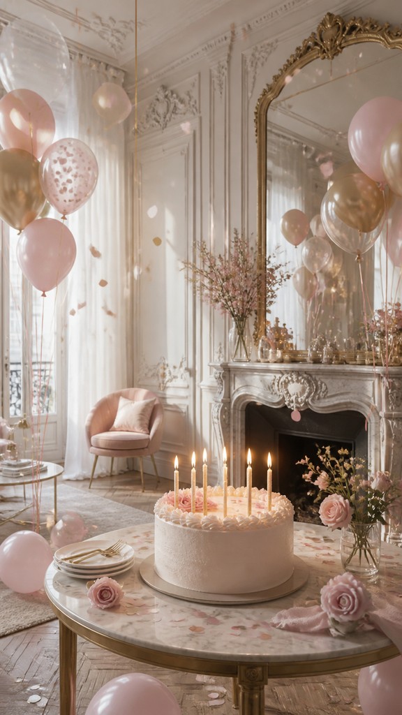 a birthday cake with lit candles surrounded by balloons and confetti, festive vertical composition, no text