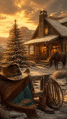 a snow-covered cottage with warm glowing windows beside a decorated pine tree, gentle snowfall, no text