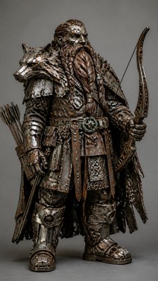 full-body original character: a dwarven ranger with a braided auburn beard, worn leather armor, a longbow and a wolf-pelt cloak, neutral background, no text