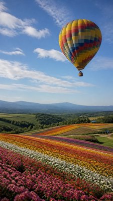 a hot air balloon drifting over rolling flower fields on a sunny day, cheerful, no text