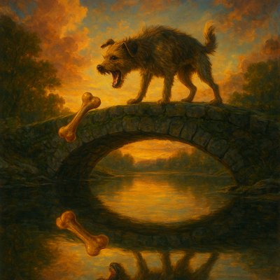 Luminous Storybook Illustration Style, Rich Color Saturation, Magical Realism. A dramatic, painterly scene capturing the precise moment of tragic error on an old, mossy stone bridge spanning a calm river at sunset.

The Reality (The Dog on the Bridge): A scruffy, hungry-looking terrier stands frozen mid-snarl on the edge of the bridge, looking downward. Its mouth is wide open in an aggressive bark. Suspended in mid-air, just inches below its open jaws, a real, decent-sized meaty bone is falling toward the water. The dog’s expression is a mix of greed and sudden confusion.

The Illusion (The Reflection): The surface of the river below is glassy and still, acting like a perfect, deceptive mirror. The reflection shows the same dog, but the reflected bone in its mouth appears impossibly huge, glistening, and juicier than the real one. The reflection is almost hypnotically bright, brighter than the reality above the water. The warm golden light of the setting sun makes the water shimmer invitingly.