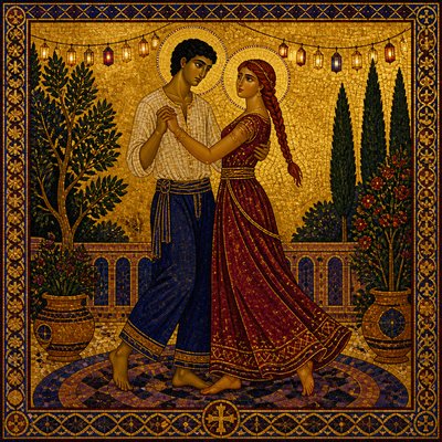an original couple dancing under string lights in a garden at dusk: a man with short black hair in a linen shirt and a woman with braided red hair in a summer dress
