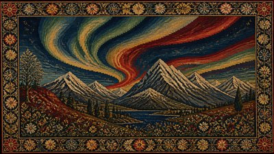 a flowing aurora over snowy peaks, wide sweeping composition, no people, no text