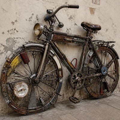 bicyle resting against a wall — Found Object Art Style