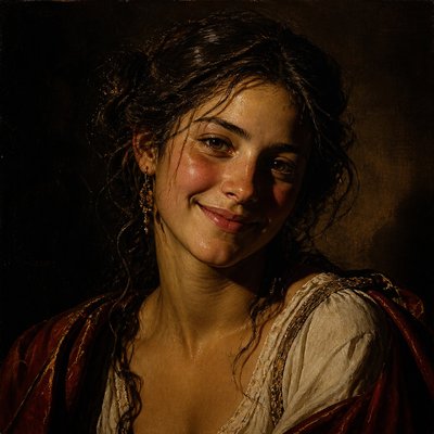 head-and-shoulders portrait of an original character: a young woman with wavy chestnut hair and a warm smile, plain soft backdrop