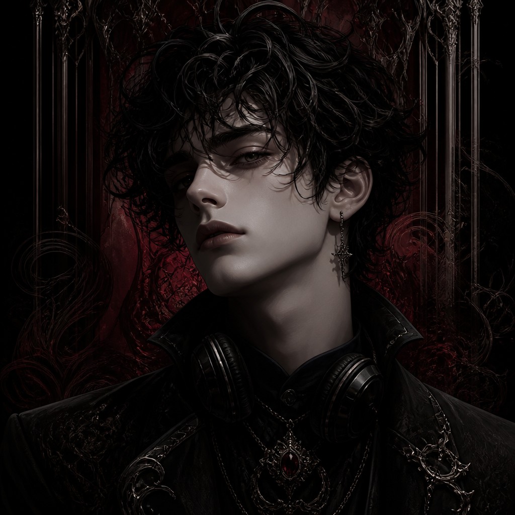 head-and-shoulders portrait of an original character: a young man with curly dark hair and headphones around his neck, plain backdrop, no text