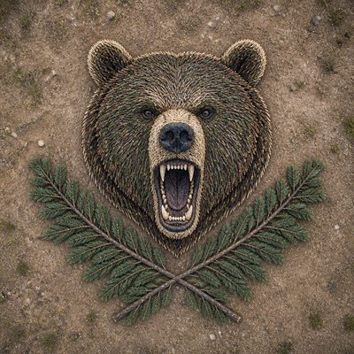 a roaring bear head above crossed pine branches, bold graphic composition on a plain background, no text