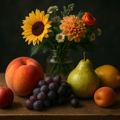 still life arrangement of fruits and flowers