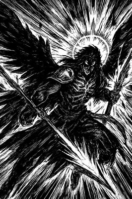 a black and white drawing of an angel on skis