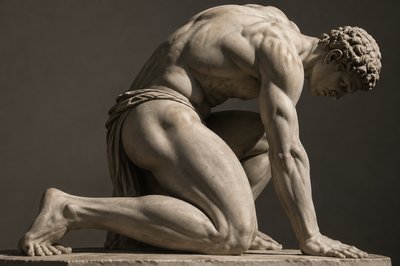 ancient greek athlete curving his back while kneeling on the ground