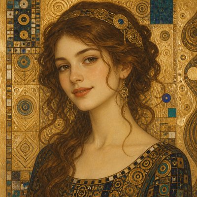 head-and-shoulders portrait of an original character: a young woman with wavy chestnut hair and a warm smile, plain soft backdrop