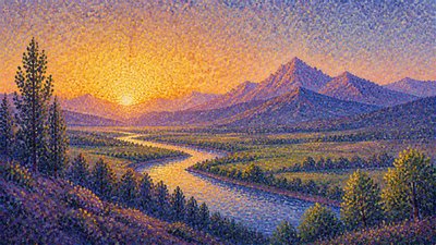 a vast valley with a river winding toward distant mountains at sunrise, no people, no text