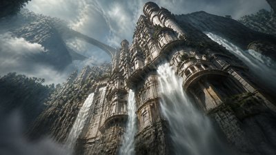 a cliffside city with waterfalls cascading into a misty canyon, wide establishing shot, no people, no text