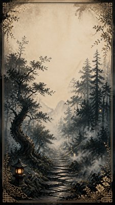 a mysterious forest path with fireflies and drifting mist, atmospheric vertical composition with open space at the top, no text