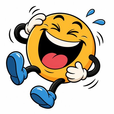 an exaggerated laughing face of an original round mascot character, bold and readable at small size, plain background, no text