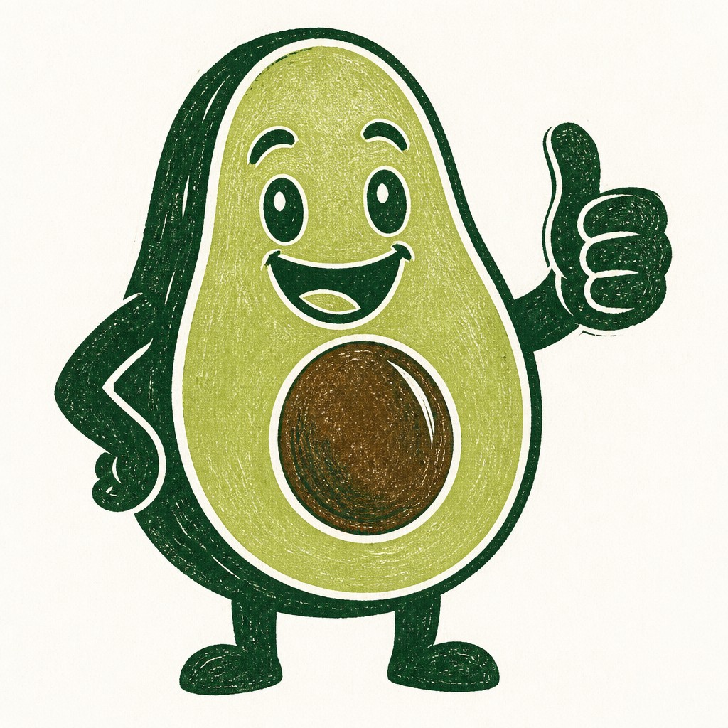 a happy avocado character giving a thumbs up, bold readable design on a plain background, no text