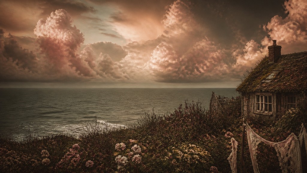 a panoramic ocean horizon with towering clouds at golden hour, no people