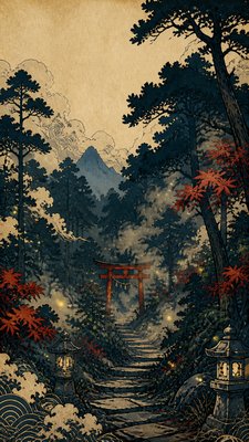 a mysterious forest path with fireflies and drifting mist, atmospheric vertical composition with open space at the top, no text