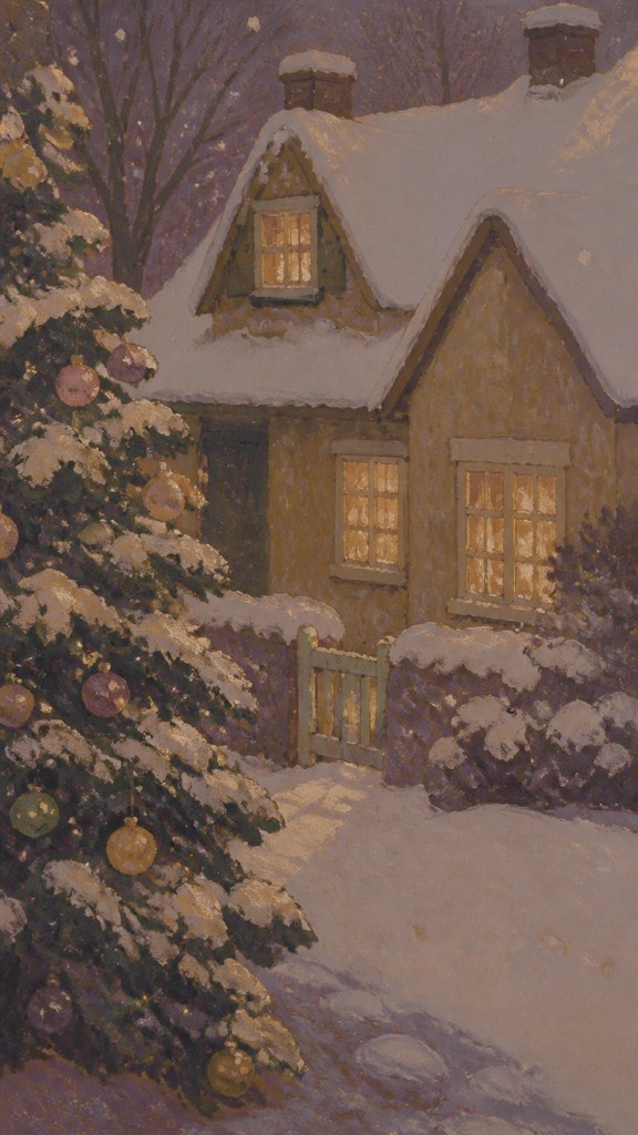 a snow-covered cottage with warm glowing windows beside a decorated pine tree, gentle snowfall, no text