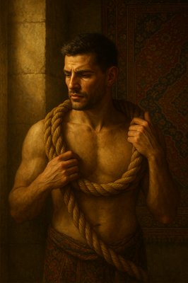a painting of a man holding a rope