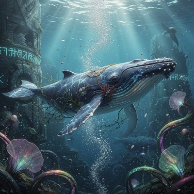 Generate an image using the Depths of the Sea Generator style: A majestic and mysterious blue whale gliding gracefully through a surreal ocean abyss. Its massive, sleek body glows with deep blues and silvers, textured with hyper-realistic skin details and subtle bioluminescent veins. Soft sunlight filters down from the distant surface, creating volumetric god rays that pierce the crystalline water. Delicate, glistening bubbles trail behind like sparkling jewels, refracting prismatic light in the ethereal clarity. The scene blends photorealistic whale anatomy with dreamlike surrealism—vast, shimmering depths, faint silhouettes of ancient sea life, and an aura of profound awe. High resolution, 8K, wide-angle cinematic view emphasizing the whale's immense scale and serene mystery.