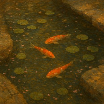 A koi pond seen from above, orange and white koi fish swimming among lily pads, clear water with subtle ripples, fallen cherry blossom petals floating on the surface, dappled sunlight