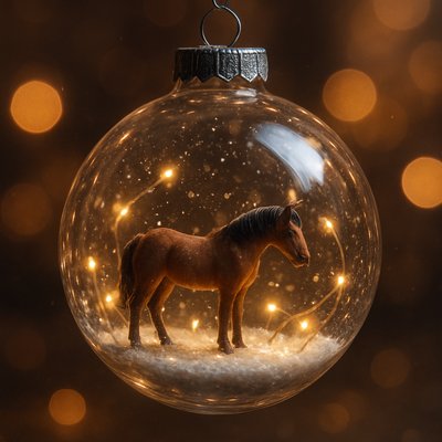 Tiny Horse Inside a Glass Ornament
a clear glass christmas ornament containing a miniature horse scene, glowing fairy lights, gentle snowfall particles inside, hyper-detailed reflections, delicate glass texture, whimsical fantasy realism, dreamy warm lighting, bokeh background