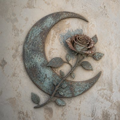 a rose entwined with a crescent moon, clean balanced composition on a plain background, no text