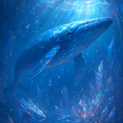 A hyper-realistic blue whale, majestic and mysterious, gliding gracefully through a surreal ocean scene. Its massive, sleek body glows with deep blues and silvers, illuminated by soft sunlight streaming through the ocean's surface. Surrounding it are glistening, delicate bubbles, sparkling like jewels in the light. The water shimmers with ethereal clarity, blending realism with a dreamlike atmosphere, capturing the whale's awe-inspiring beauty and enigma. 