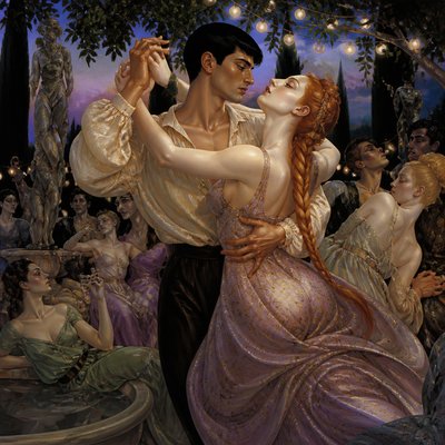 an original couple dancing under string lights in a garden at dusk: a man with short black hair in a linen shirt and a woman with braided red hair in a summer dress