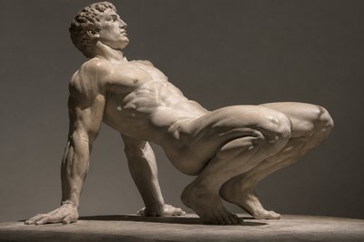 ancient greek ignudi athlete leaning his torso and hands backward while crouching on the ground 