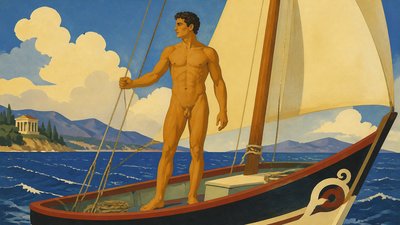 greek ignudi swimmer standing in sail boat
